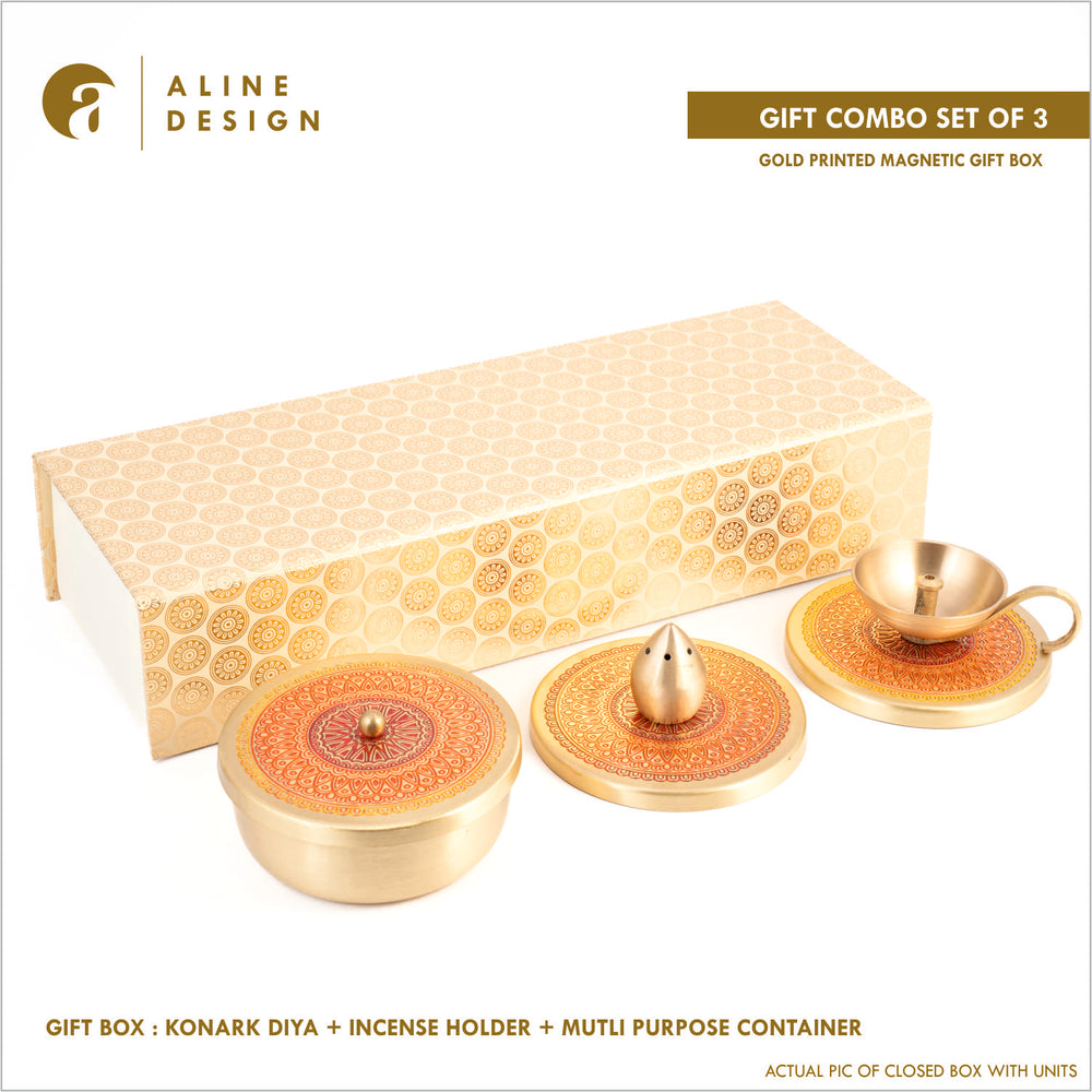 GIFT BOX : KONARK DIYA + INCENSE HOLDER + MUTLI PURPOSE CONTAINER