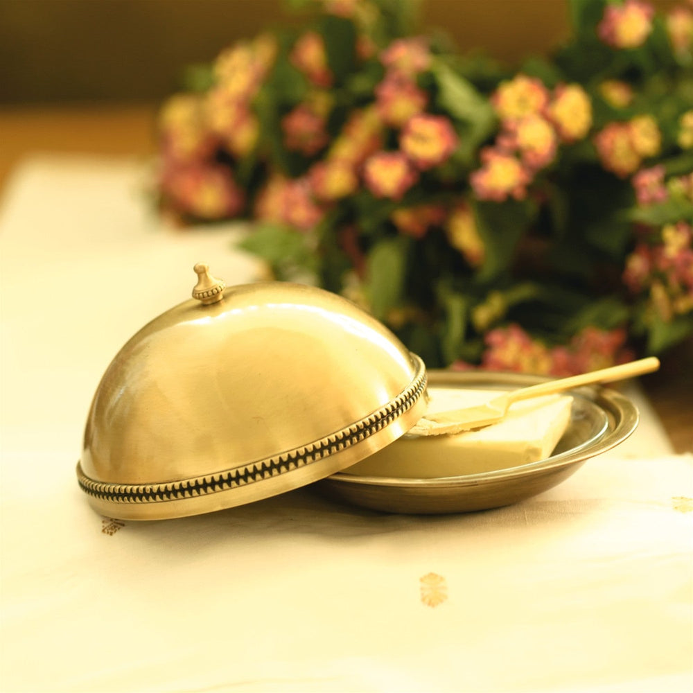 BARMER BUTTER DISH with GLASS LINER & BRASS SPREADER