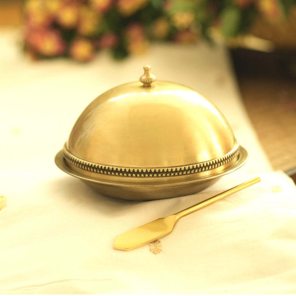 BARMER BUTTER DISH with GLASS LINER & BRASS SPREADER